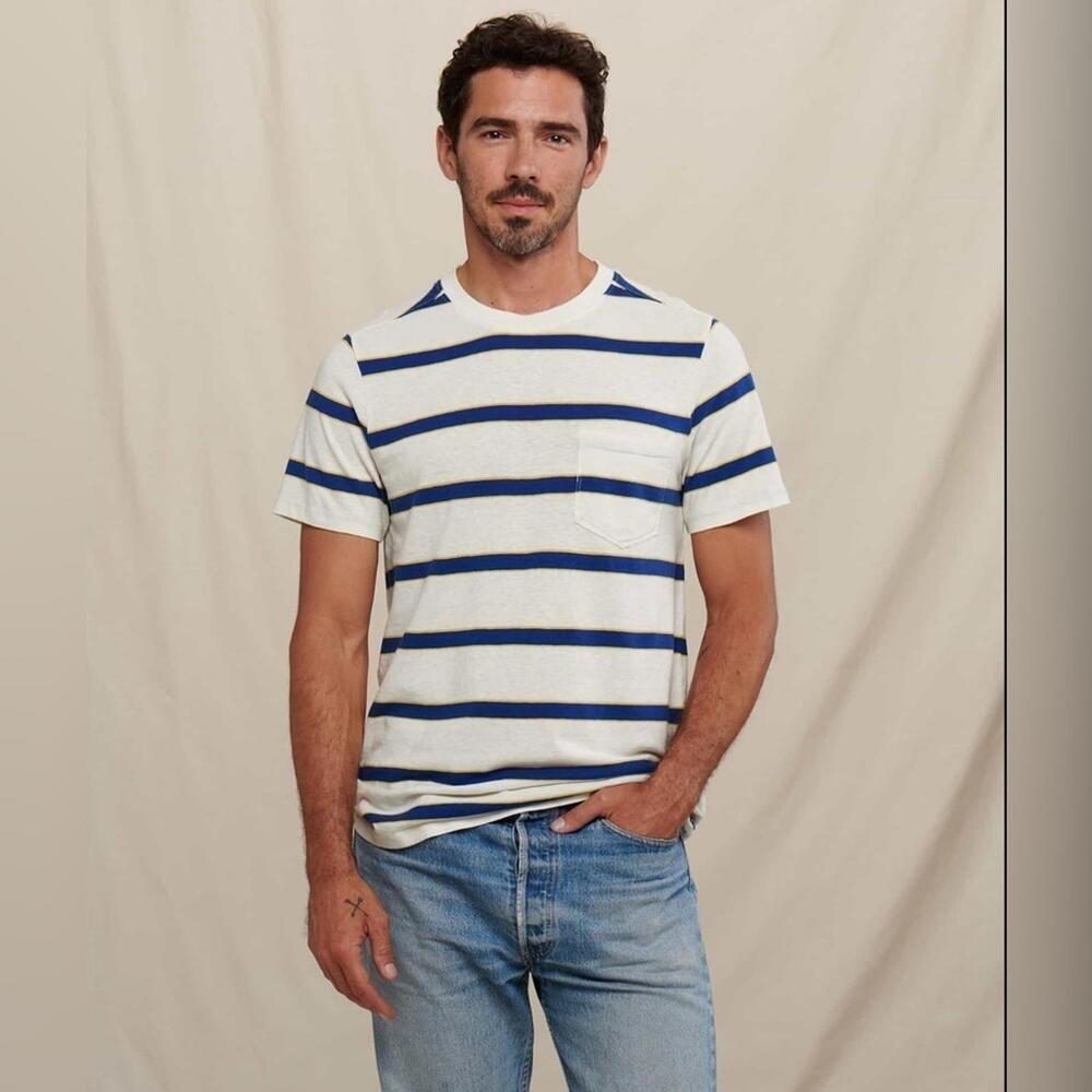 NWT Toad&Co Organic Cotton & Hemp Grom Tee White Navy Yellow Striped Tee Shirt M